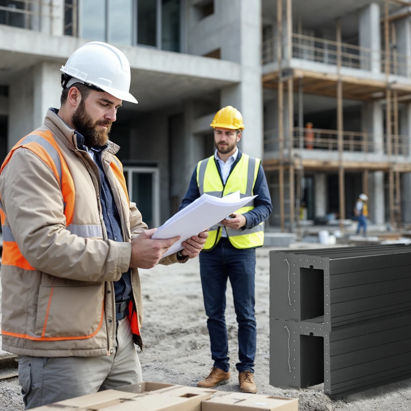 ingenieros revisando planos de aislamiento térmico en una obra